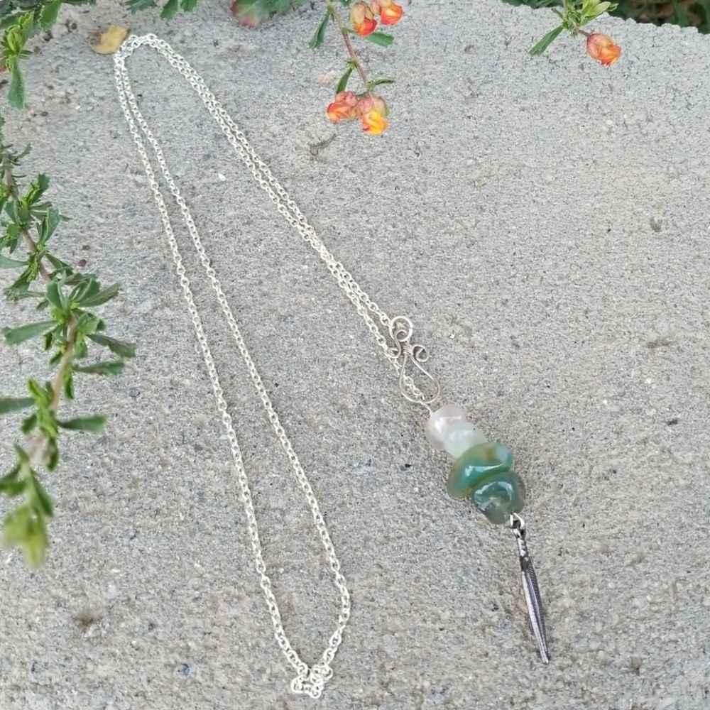 26" green stone and feather necklace
